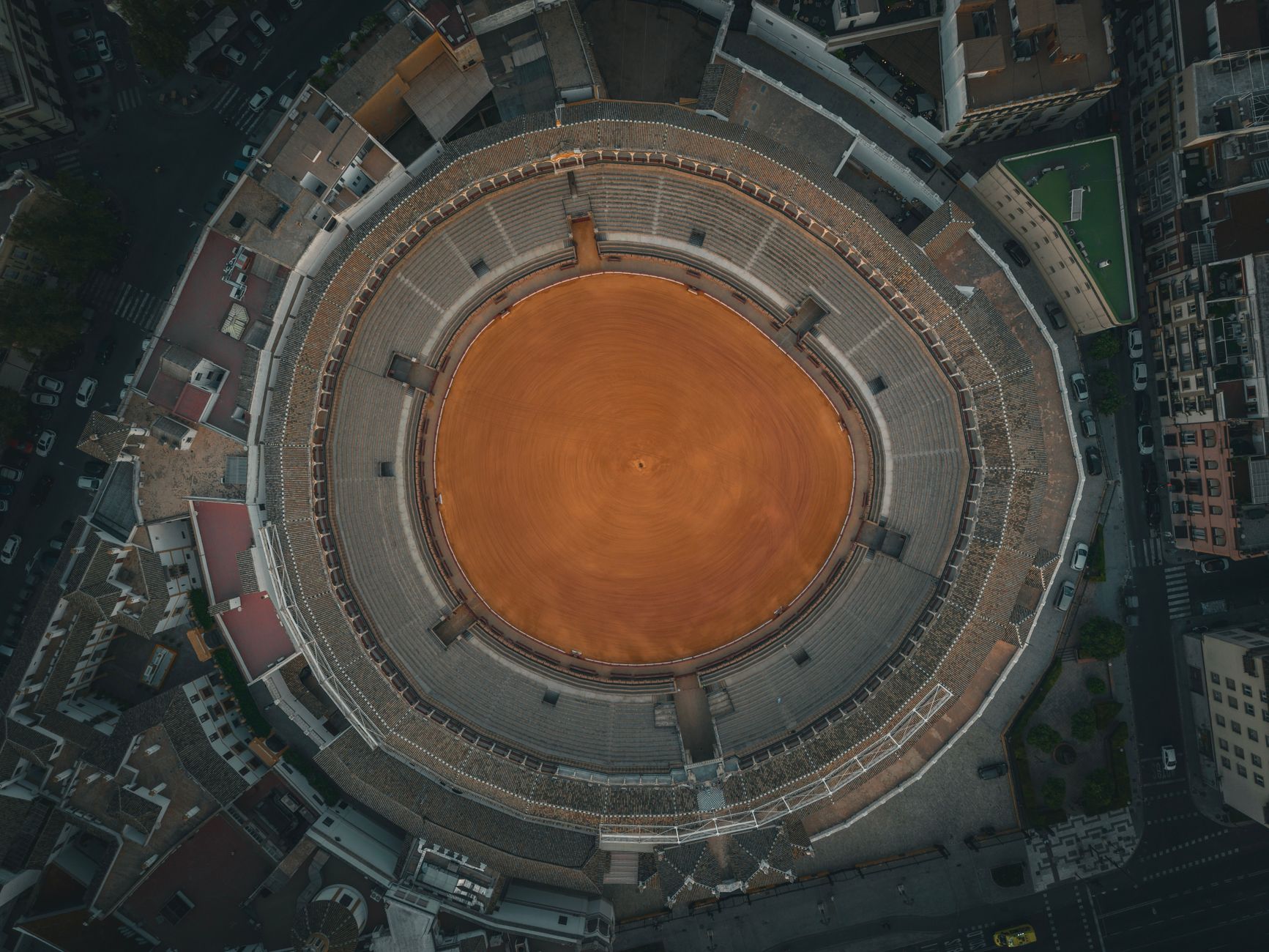 Stunning aerial shot of Plaza de Toros in Seville, Spain, capturing its architectural beauty.