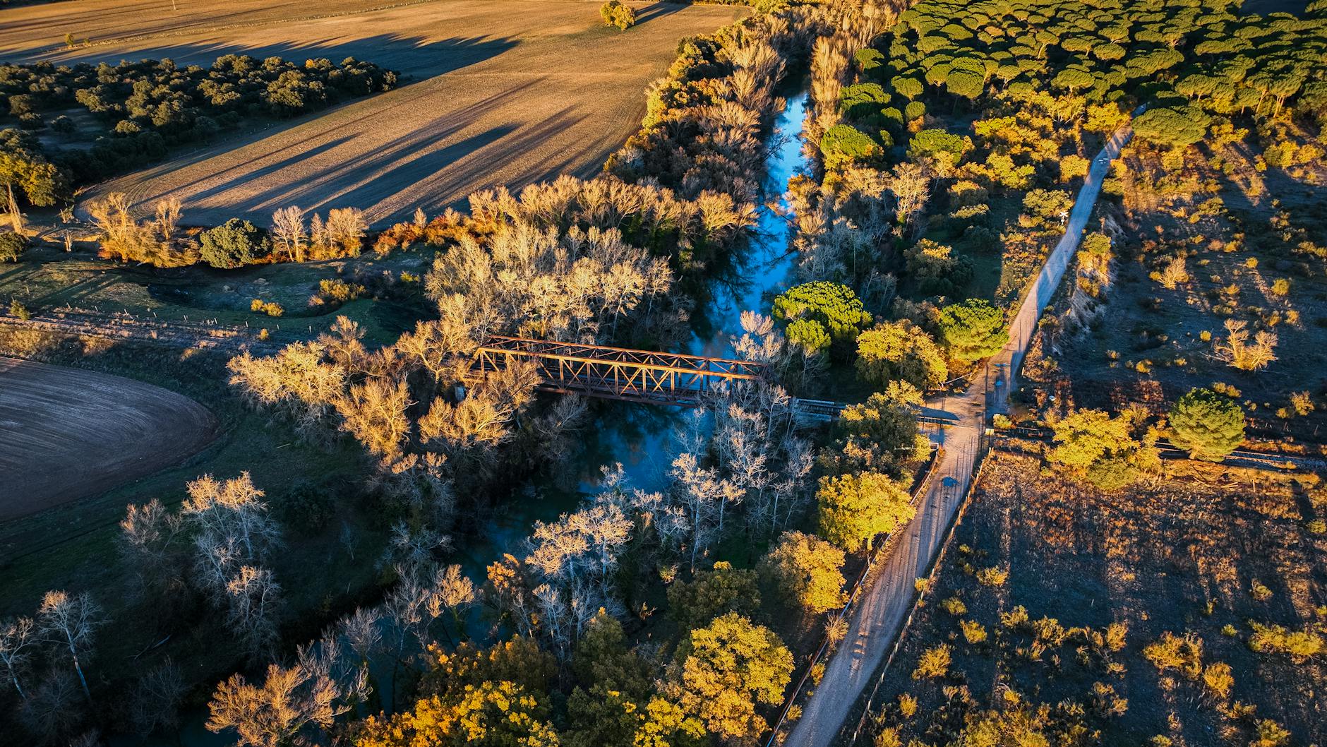 Stunning aerial view of an iron bridge over a river surrounded by lush fields in Valladolid at sunset.